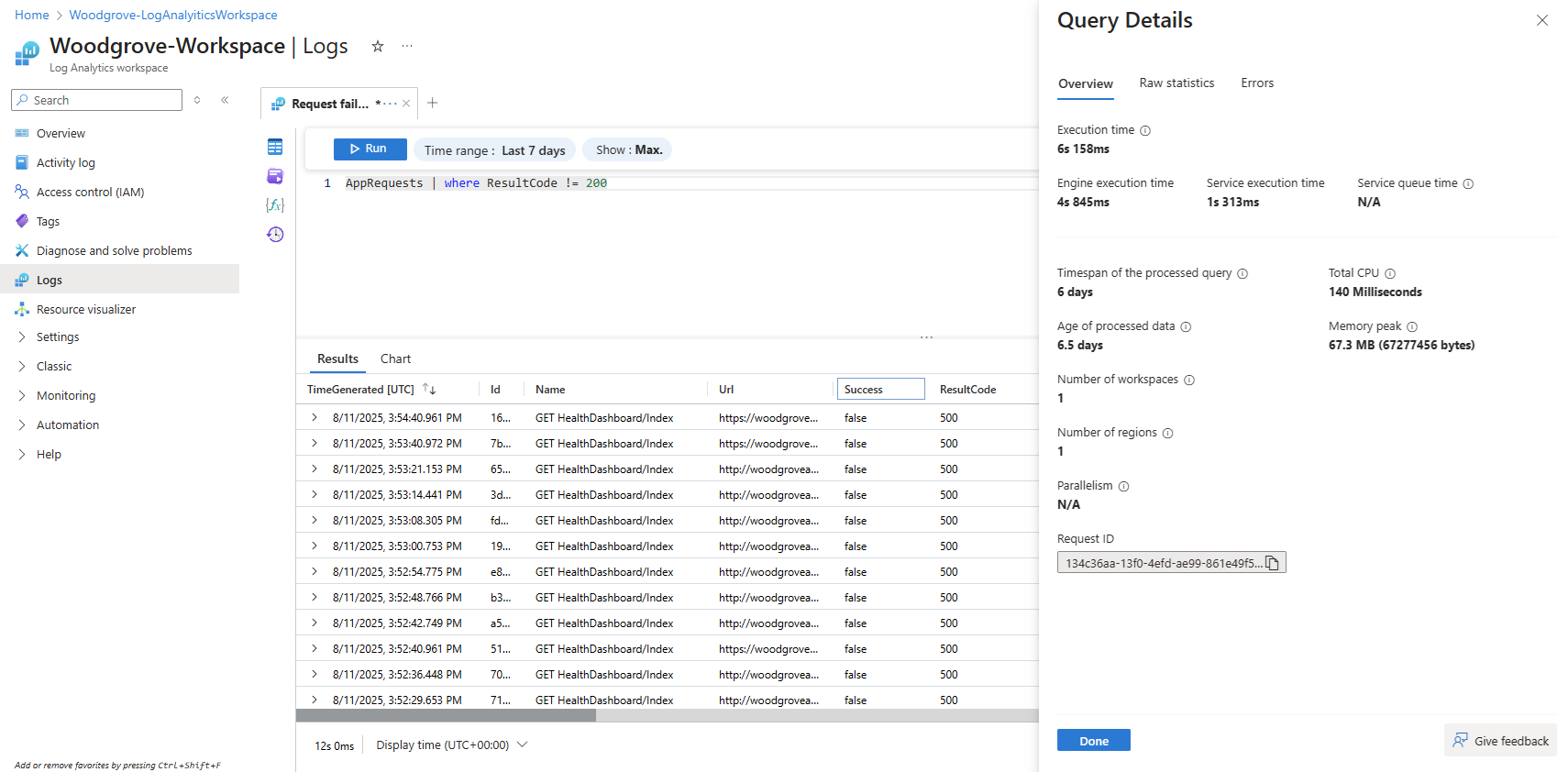 لقطة شاشة تعرض جزء تفاصيل الاستعلام في Azure Monitor Log Analytics.