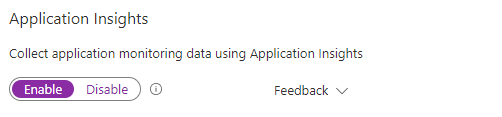 لقطة شاشة توضح تمكين Application Insights.