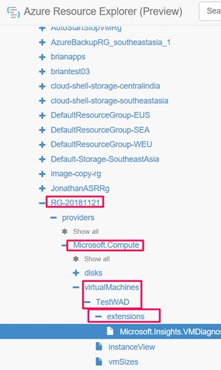 لقطة شاشة توضح الانتقال إلى تكوين WAD في Azure Resource Explorer.