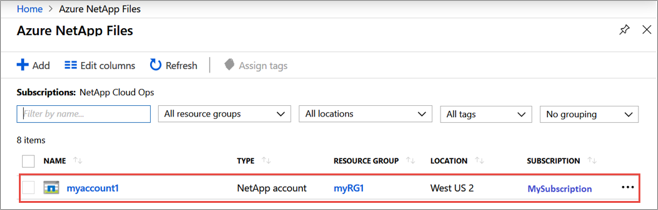 لقطة شاشة لتحديد قائمة حساب NetApp.