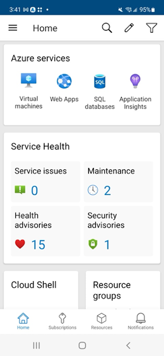 لقطة شاشة لشاشة الصفحة الرئيسية لتطبيق Azure للأجهزة المحمولة مع بطاقات العرض بترتيب جديد.