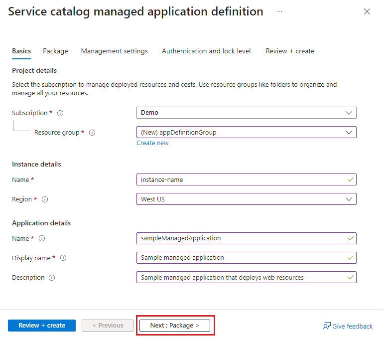 Screenshot of the Basics tab on the form to create a service catalog definition. 