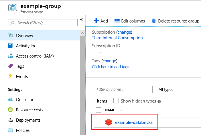 لقطة شاشة لمدخل Azure مع تحديد مثيل Azure Databricks.