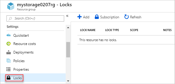 لقطة شاشة لمدخل Microsoft Azure تعرض خيار Locks لحساب تخزين.