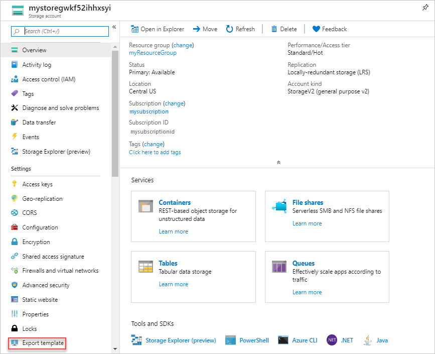 لقطة شاشة لتصدير مورد واحد في مدخل Microsoft Azure.