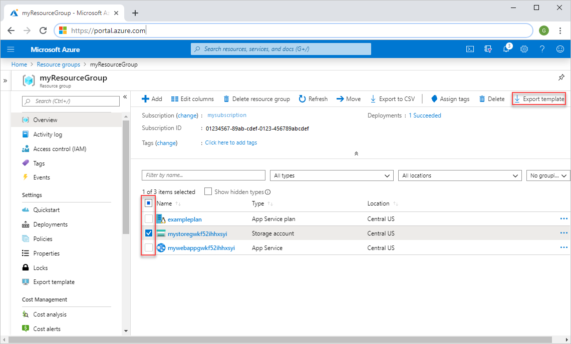 لقطة شاشة لتحديد جميع الموارد للتصدير في مدخل Microsoft Azure.