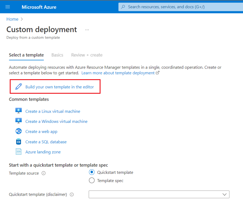 لقطة شاشة لإنشاء خيار القالب الخاص بك في مدخل Microsoft Azure.