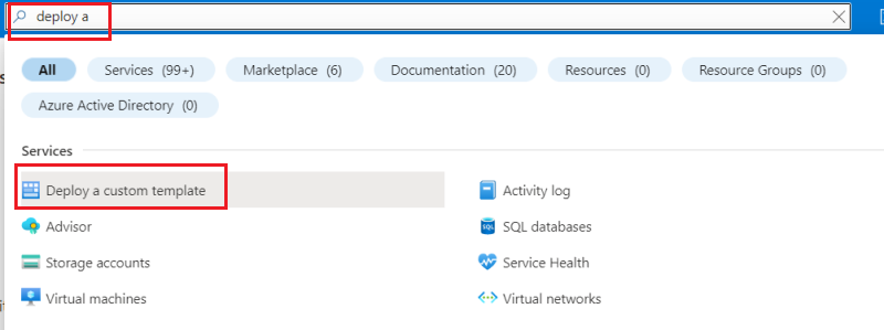 لقطة شاشة للبحث عن قالب مخصص في مدخل Microsoft Azure.