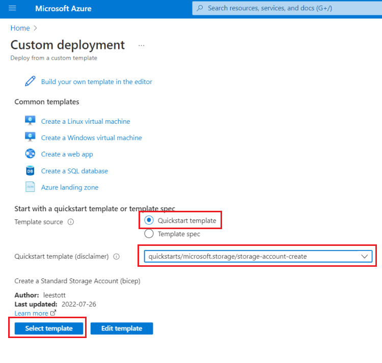 لقطة شاشة لتحديد قالب التشغيل السريع في مدخل Microsoft Azure.