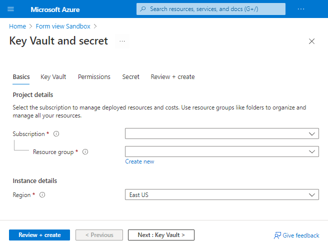 لقطة شاشة لنموذج مدخل Microsoft Azure لتوفير قيم لمواصفات القالب.
