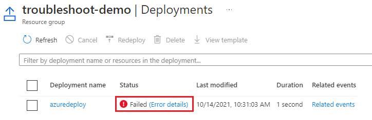 لقطة شاشة لقسم عمليات توزيع مجموعة الموارد في مدخل Microsoft Azure، تعرض ارتباطا بتفاصيل الخطأ للتوزيع الفاشل.
