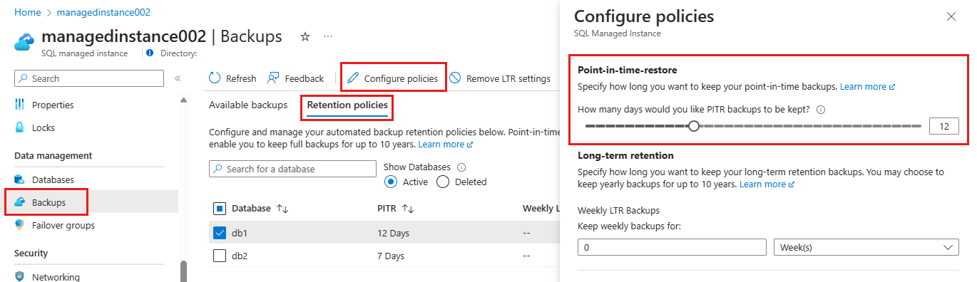 Change PITR retention, managed instance