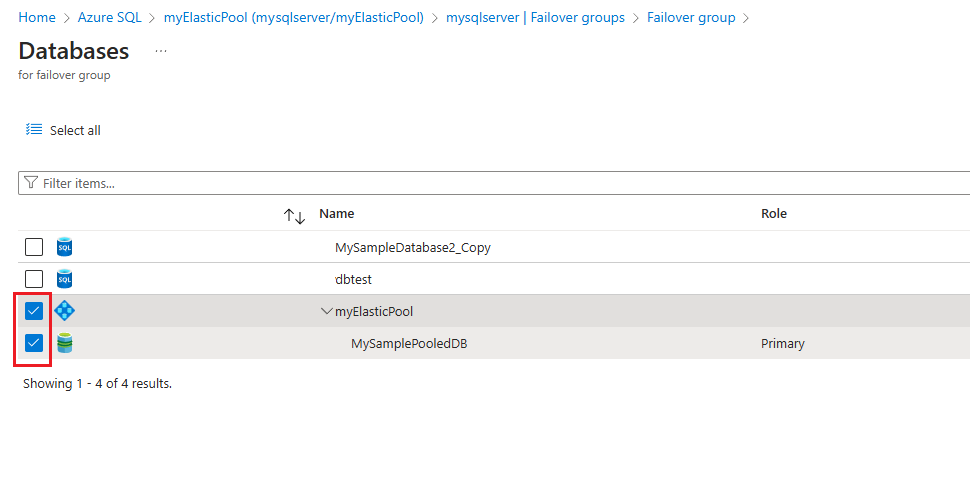 Screenshot of the databases for failover group pane in the Azure portal.