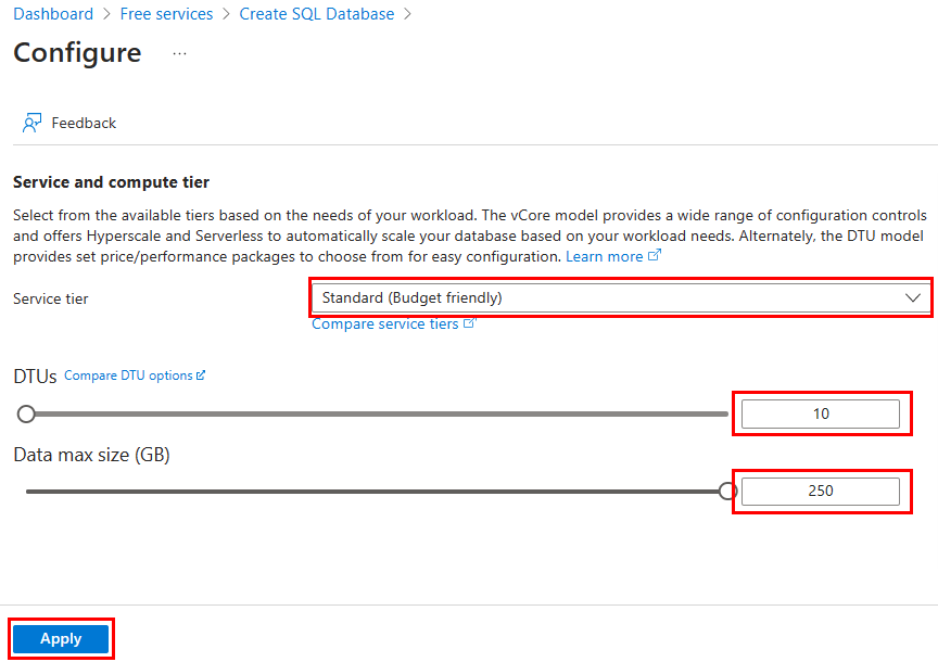 Screenshot that shows selecting database service tier.