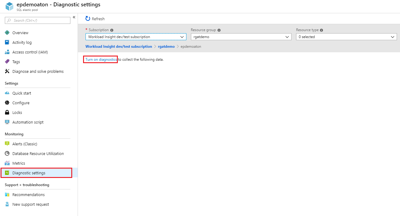 Enable diagnostics for elastic pools