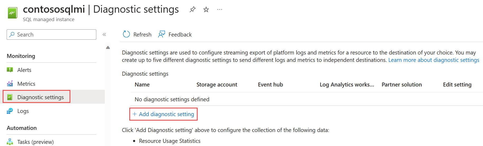 Enable diagnostics for managed instance