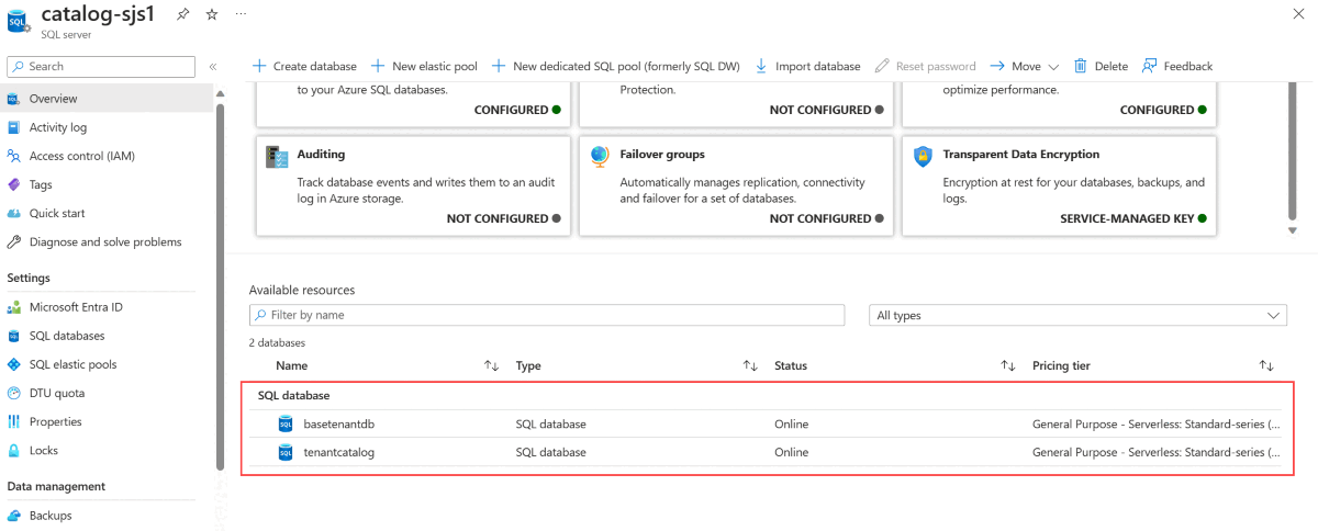 Screenshot shows a catalog server Overview page with the two databases.