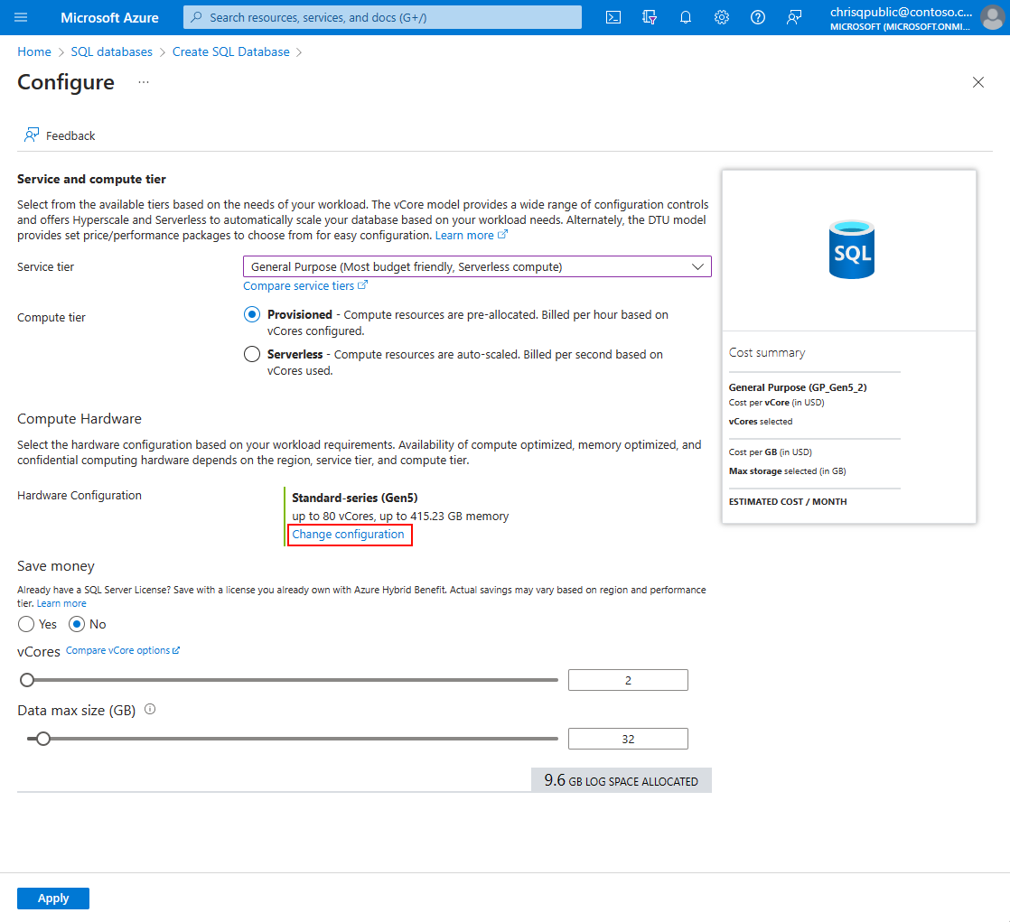 configure SQL database