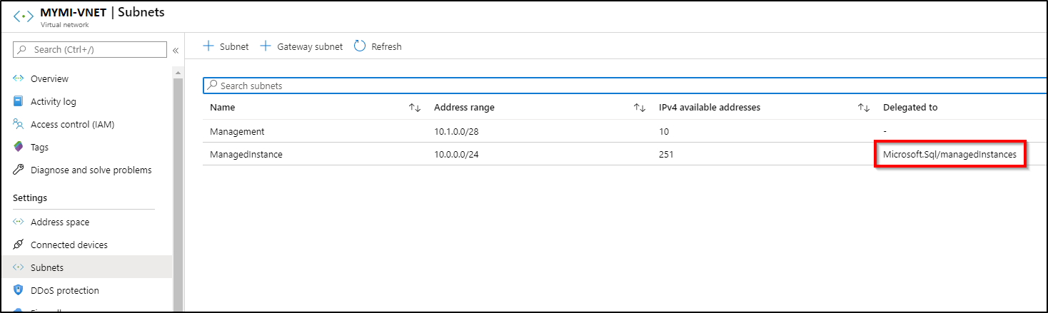 Screenshot shows a subnet that has been delegated Microsoft.sql\managedInstance.