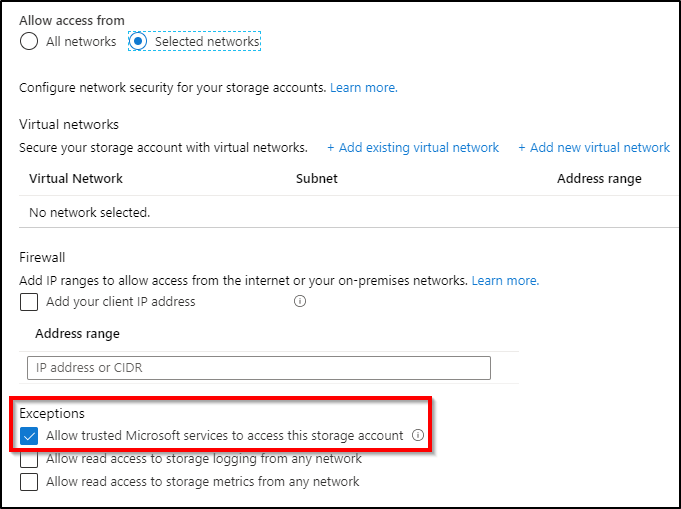 Screenshot shows Firewall and virtual networks dialog box, with Allow trusted Microsoft services to access this storage account selected.