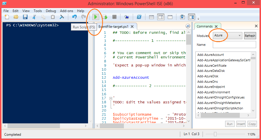 PowerShell ISE, with Azure module installed, ready to run script.