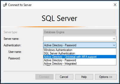Screenshot of the Connect to Server dialog in S S M S with Active Directory - Universal with MFA support selected in the Authentication dropdown.
