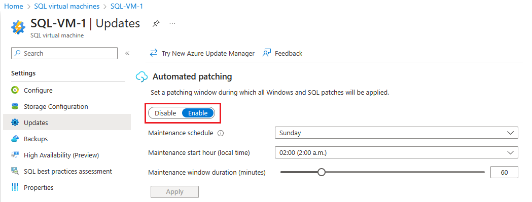 SQL Automatic Patching for existing VMs