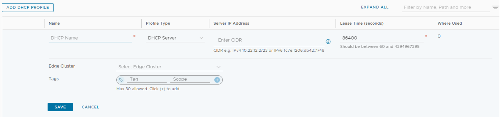 لقطة شاشة توضح كيفية إضافة ملف تعريف DHCP في NSX Manager.
