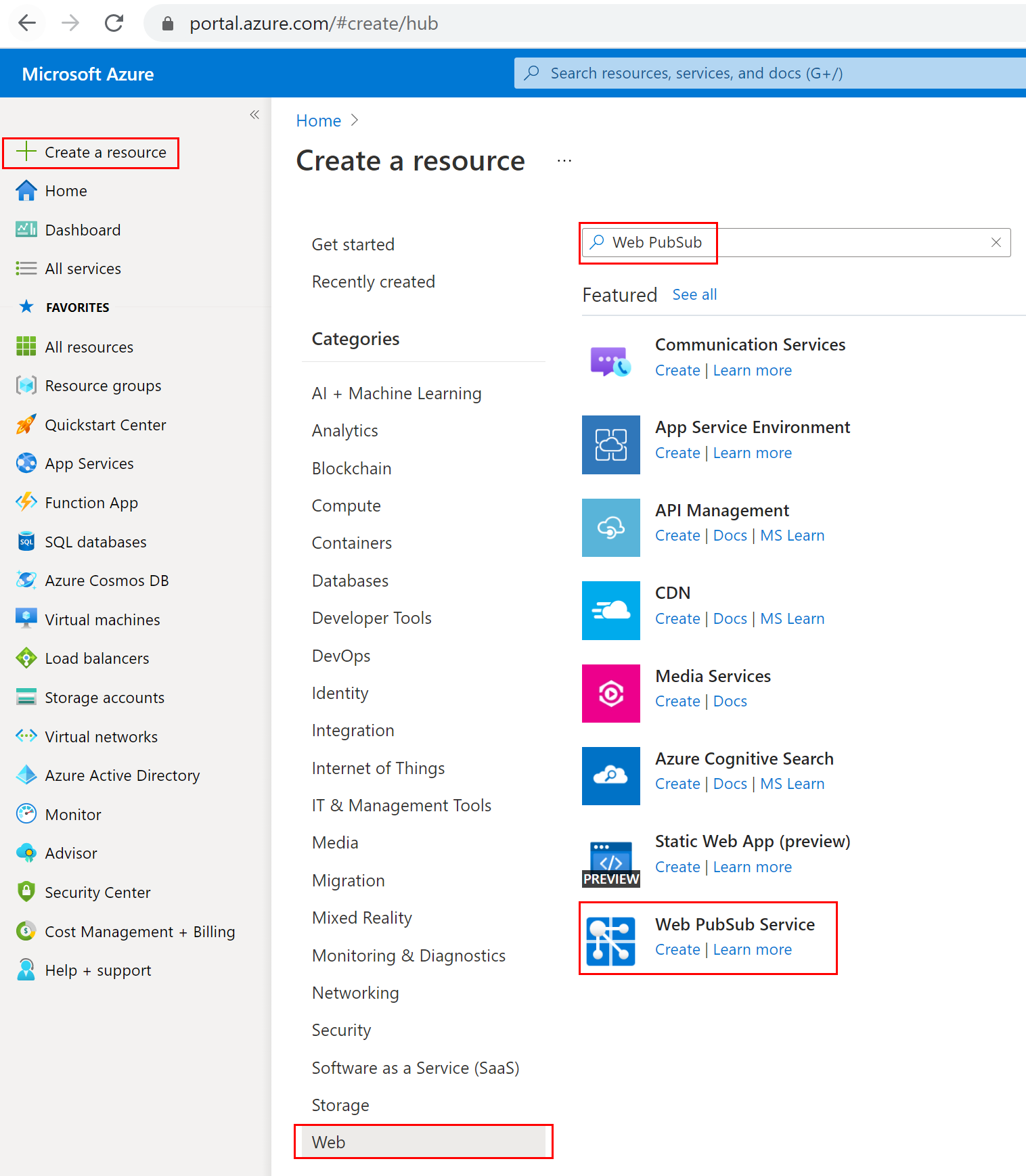 لقطة شاشة للبحث في Azure Web PubSub في المدخل.