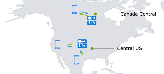 رسم تخطيطي لاستخدام مثيلين من Azure Web PubSub لمعالجة نسبة استخدام الشبكة من بلدين. 