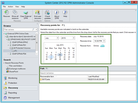 Screenshot shows the external DPM Server recovery points.