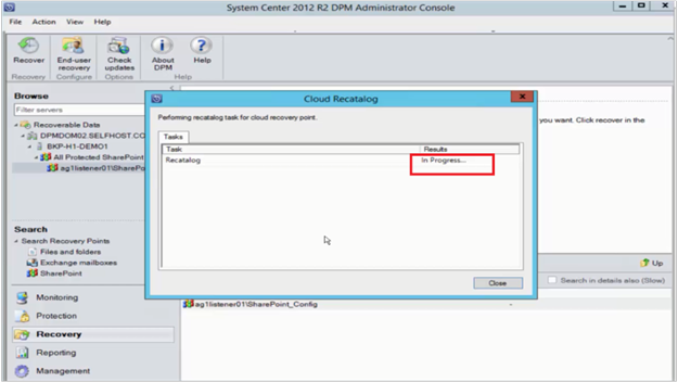 لقطة شاشة تعرض نافذة حالة Cloud Recatalog.