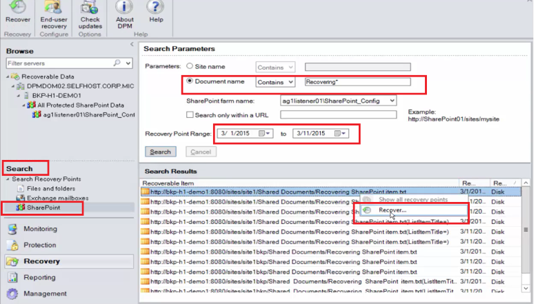 لقطة شاشة توضح كيفية البحث عن عناصر استرداد SharePoint باستخدام بحث مستند إلى أحرف البدل.