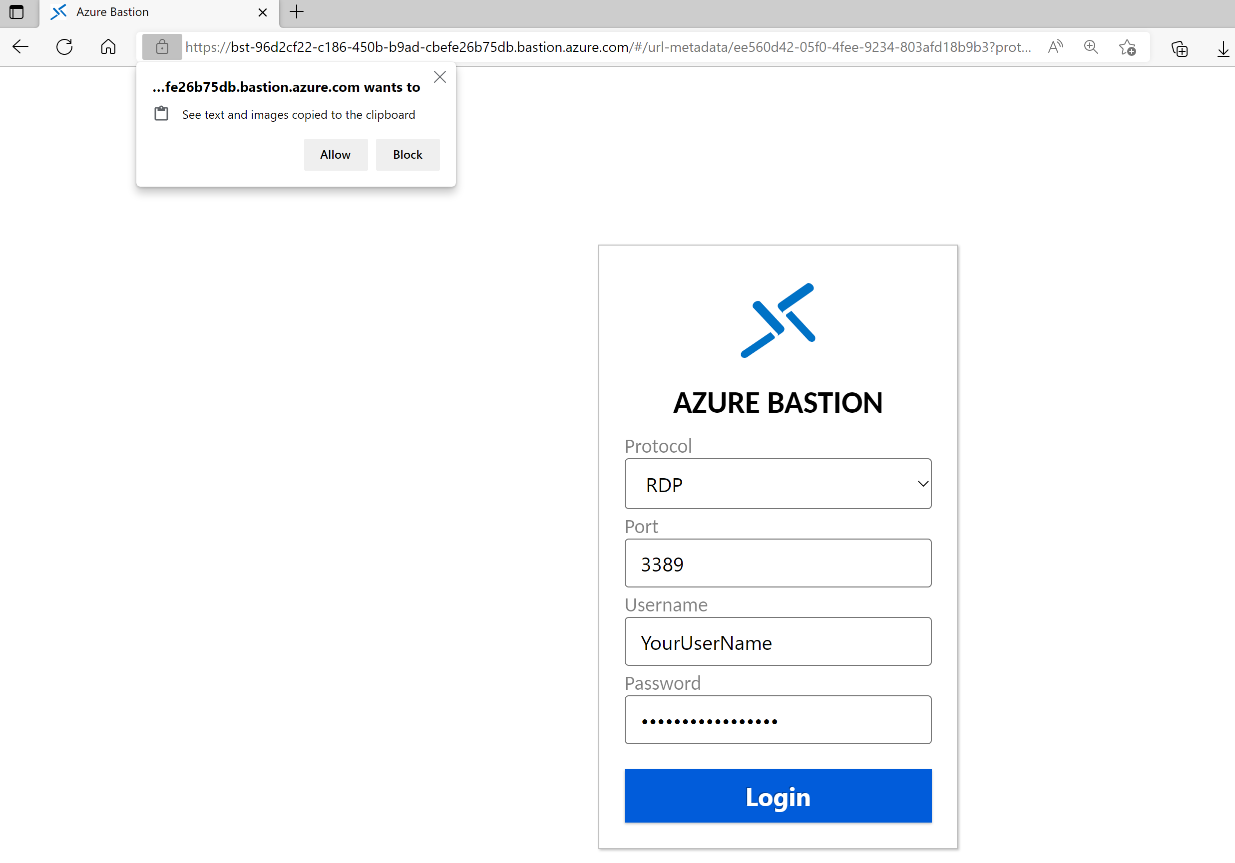 لقطة شاشة لتسجيل الدخول إلى bastion باستخدام الارتباط القابل للمشاركة في المستعرض.