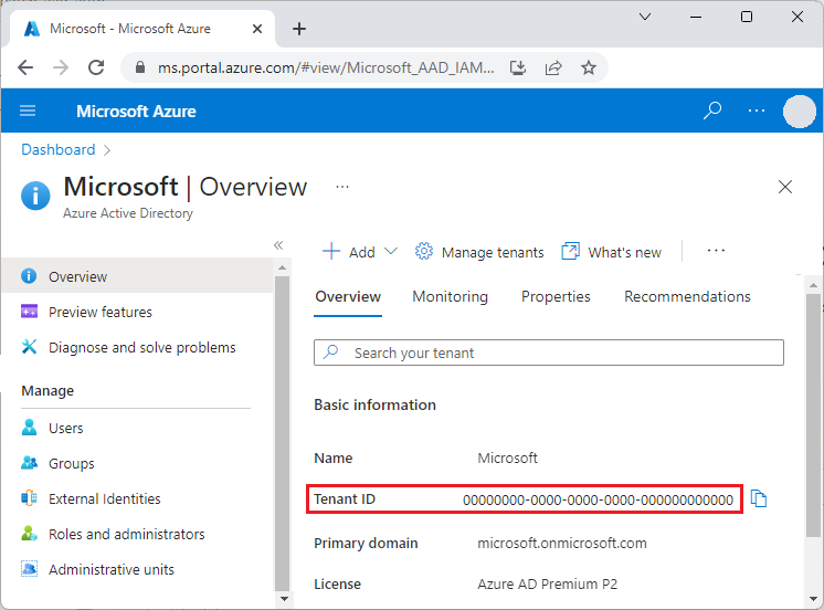 لقطة شاشة لمعرف المستأجر في مدخل Microsoft Azure.