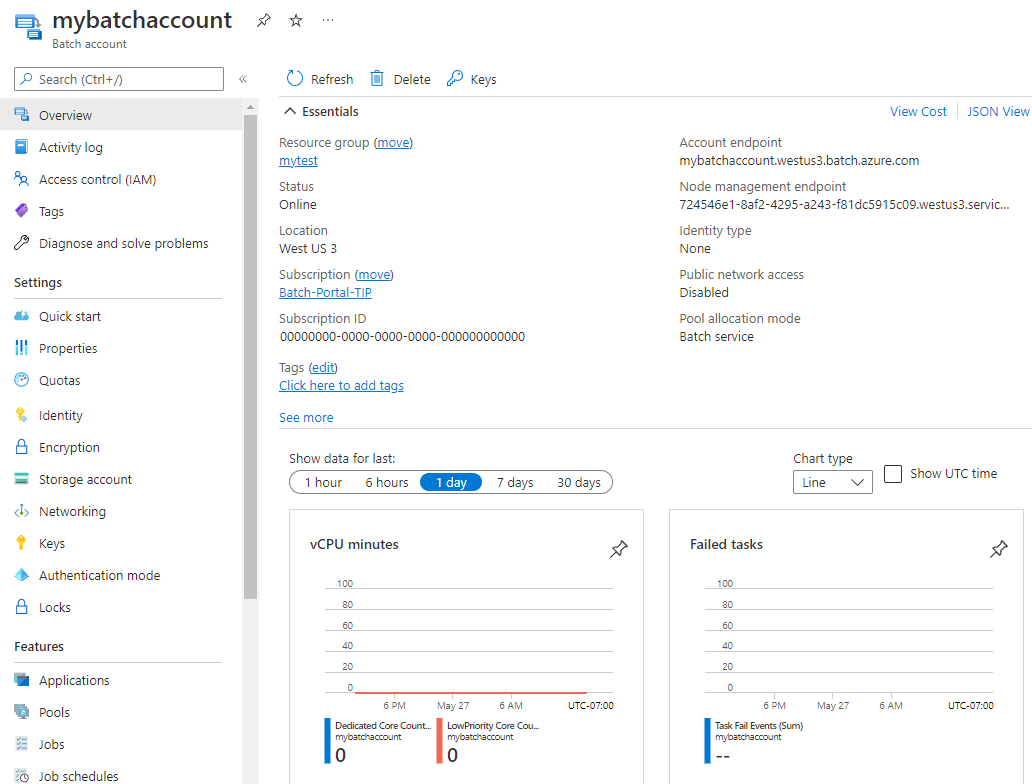 لقطة شاشة لصفحة حساب Batch في مدخل Azure.