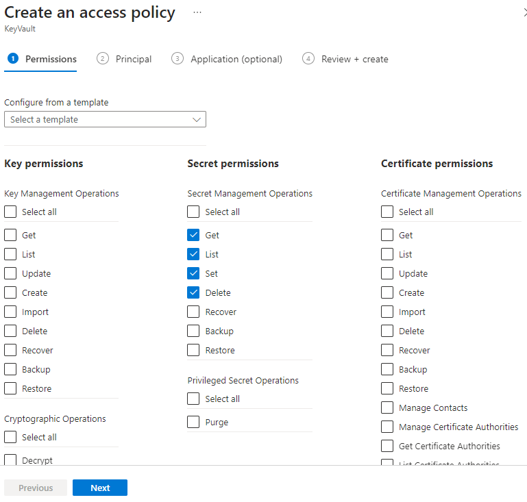 لقطة شاشة لتحديدات أذونات البيانات السرية لـ Azure Batch