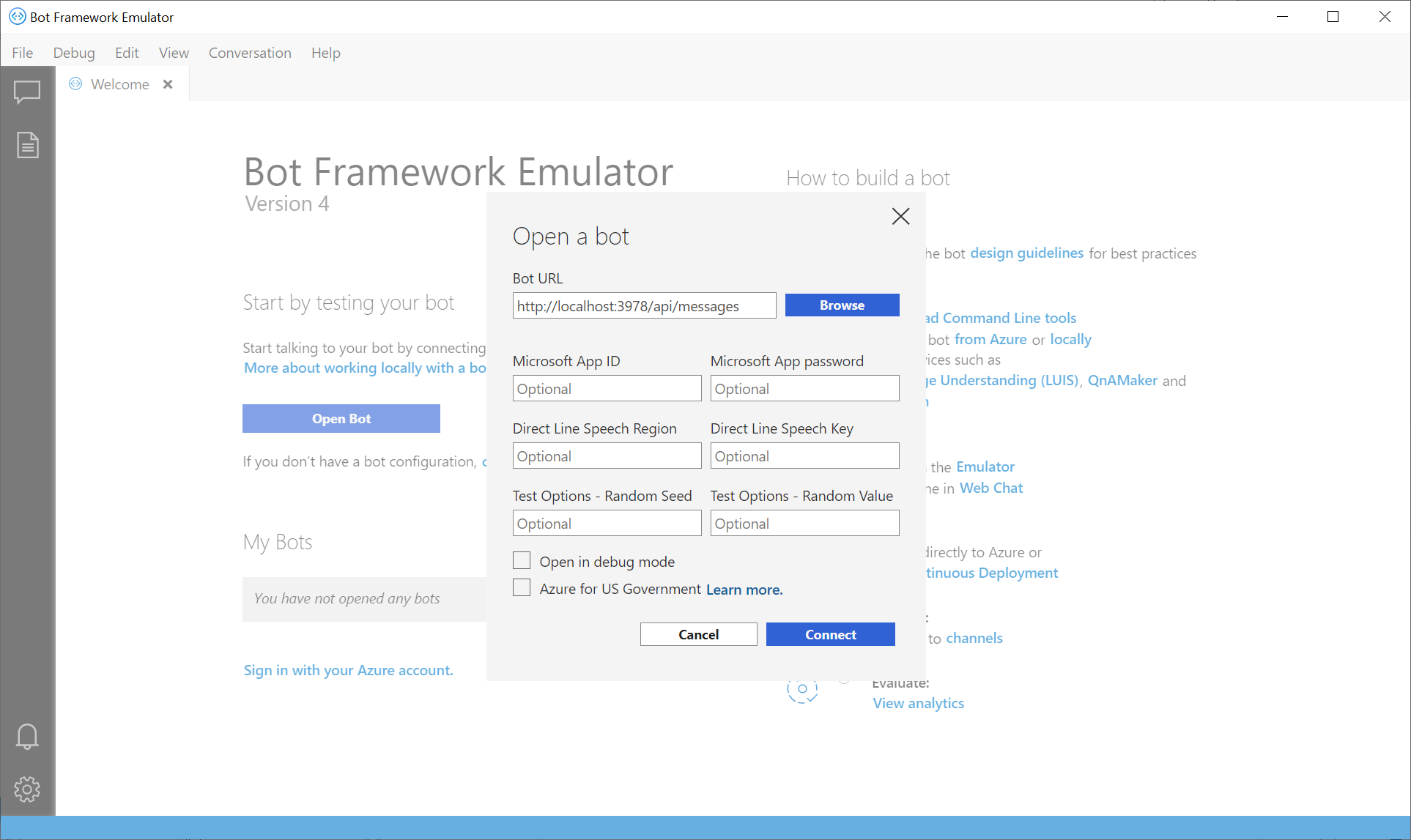 Emulator open-a-bot dialog