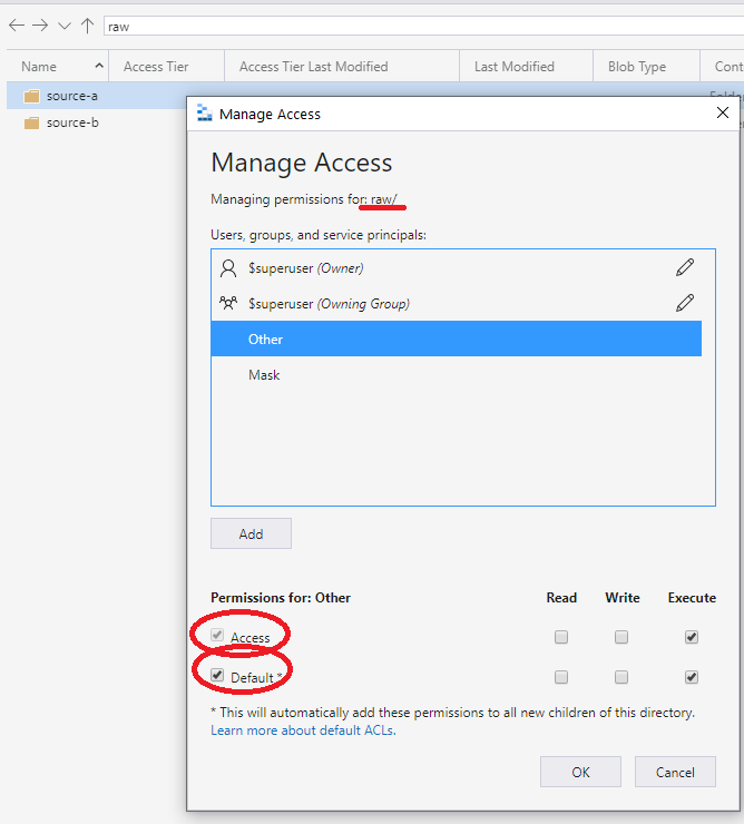 لقطة شاشة تعرض مربع حوار إدارة الوصول مع تمييز آخر وتحديد الوصول والافتراضي.