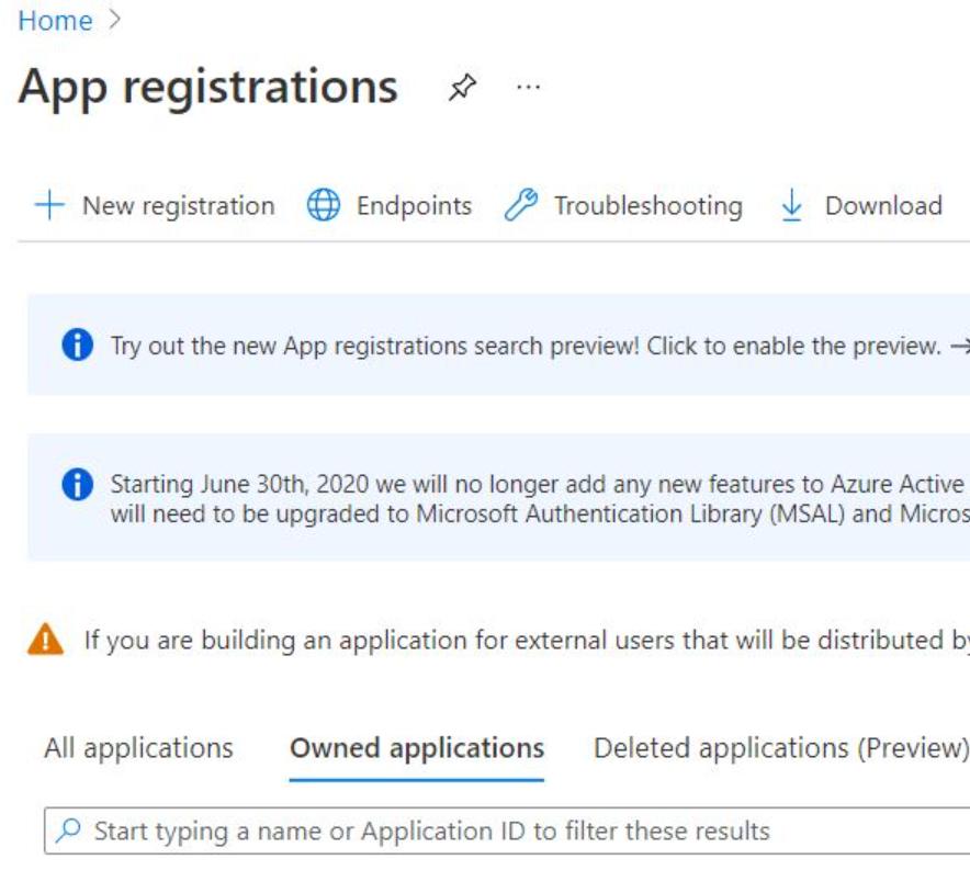 Screenshot that shows the page for app registrations in the Azure portal.