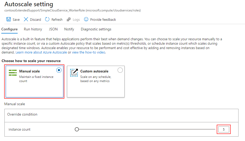 تظهر الصورة إعداد التحجيم اليدوي في مدخل Microsoft Azure