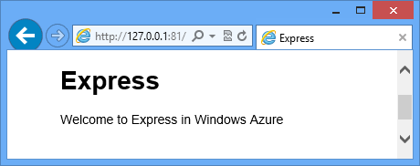 نافذة مستعرض، تحتوي الصفحة على Welcome to Express في Azure
