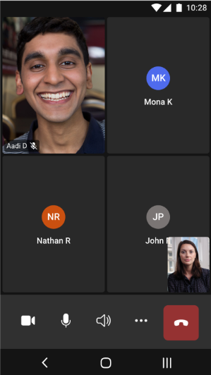 تظهر لقطة الشاشة تجربة الاجتماع، مع أيقونات أو فيديو للمشاركين.