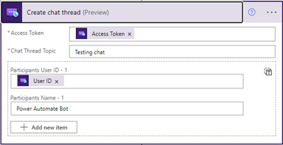 لقطة شاشة تعرض مربع حوار إجراء إجراء مؤشر ترابط الدردشة في Azure Communication Services Chat.