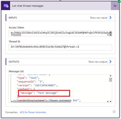 لقطة شاشة تعرض نتائج إجراء رسالة رسالة الدردشة لموصل Azure Communication Services Chat.