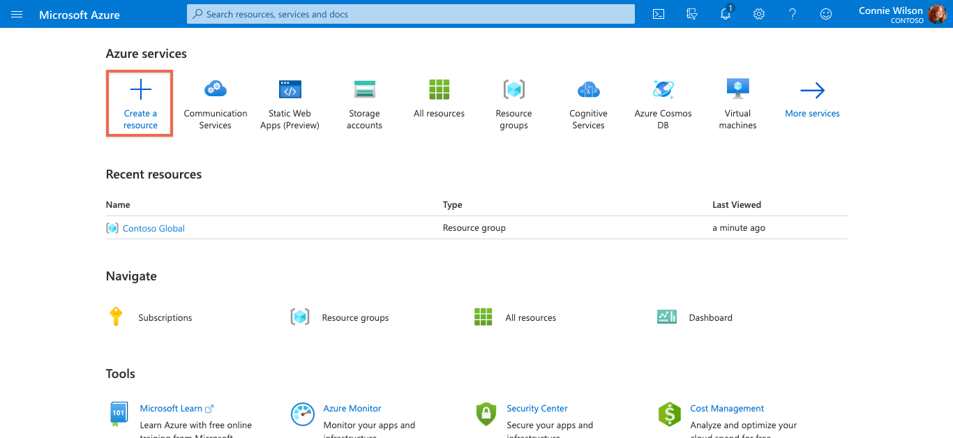 لقطة شاشة تبرز زر إنشاء مورد في مدخل Microsoft Azure.