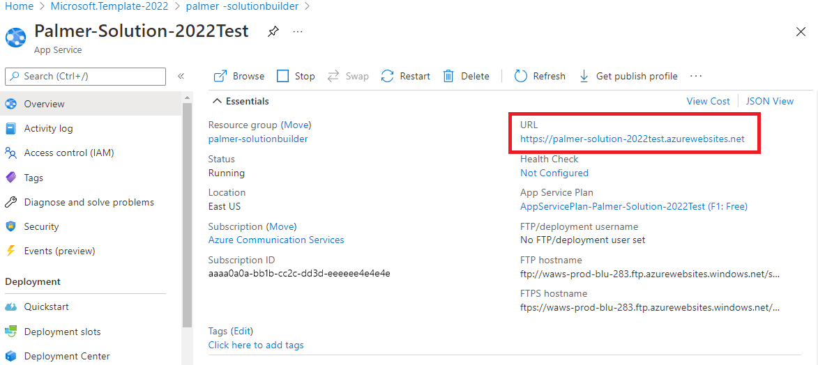 لقطة شاشة للعرض النهائي لخدمة تطبيق Azure.
