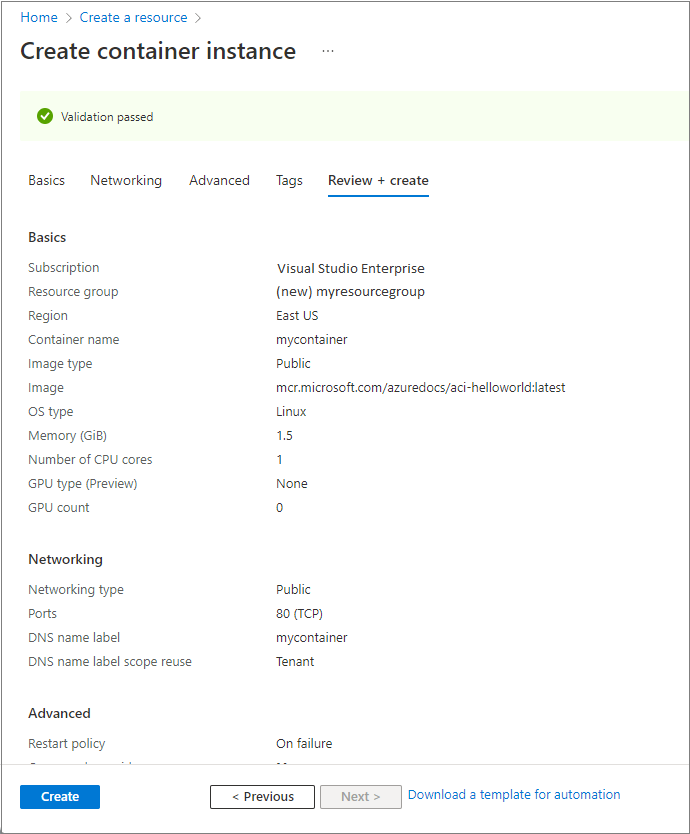 ملخص الإعدادات لمثيل حاوية جديد في مدخل Microsoft Azure