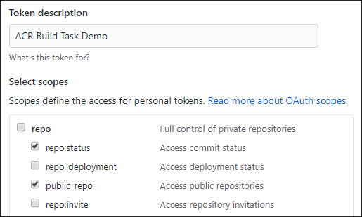 لقطة شاشة لصفحة توليد رموز الوصول الشخصي في GitHub