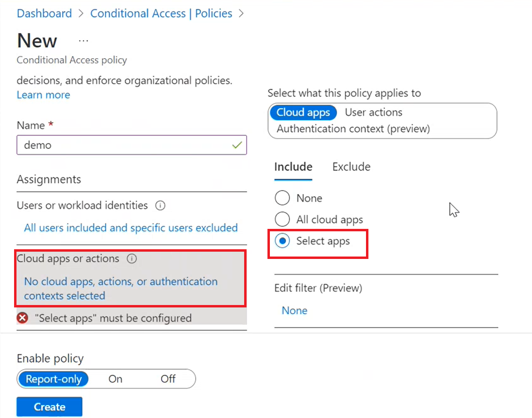 A screenshot of the page for creating a new policy, where you select options to specify cloud apps.